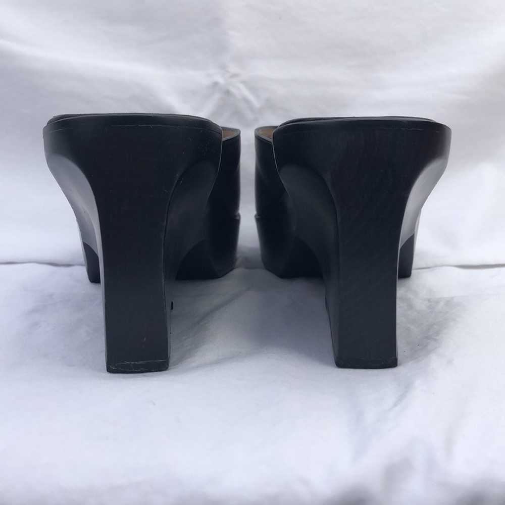 Ferragamo Wood & Leather Platform Peep Toe Slide/Mule w/3” Heel, Black - Picture 7 of 16